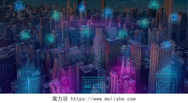蓝色科技感城市剪影企业年会未来科技展板背景信息数据背景